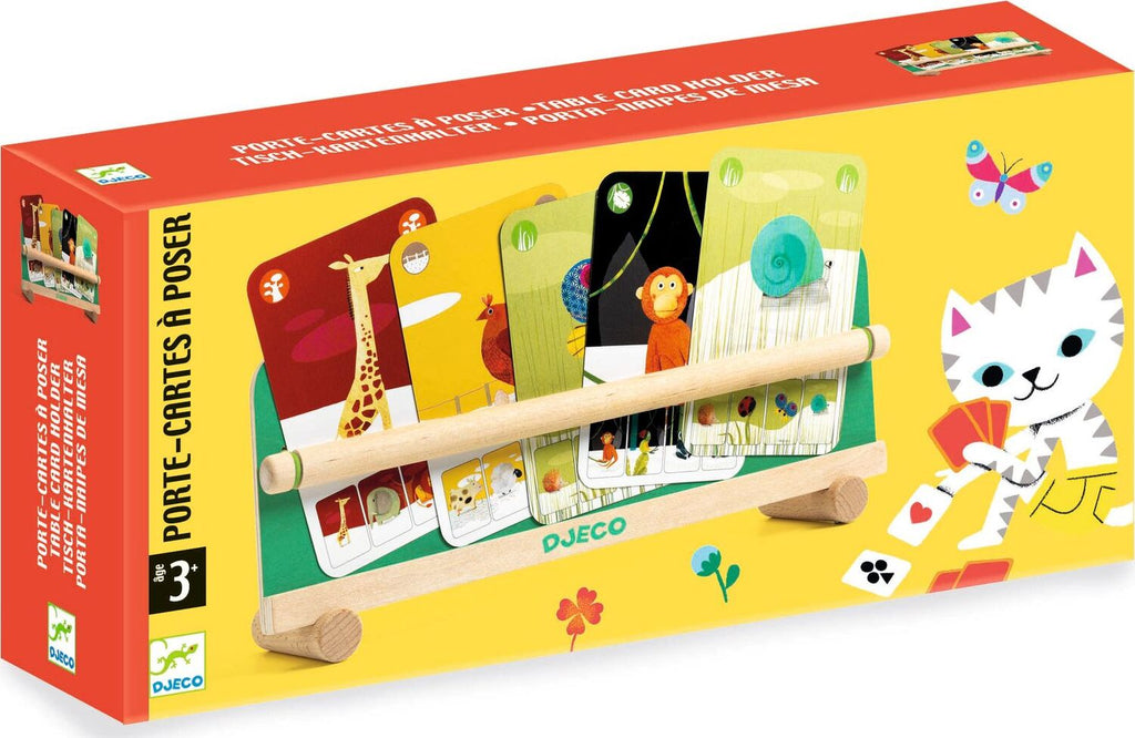 Caixa do produto Djeco "Porte-Cartes à Poser", mostrando o suporte de madeira com cartas e o painel traseiro decorativo com um gato.