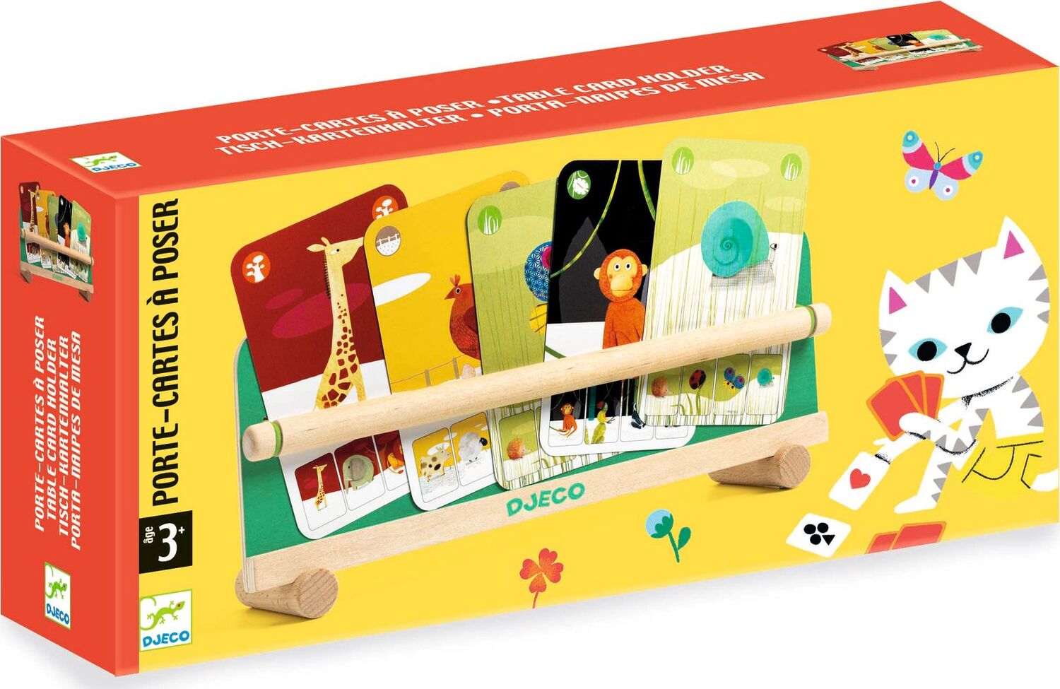 Caixa do produto Djeco "Porte-Cartes à Poser", mostrando o suporte de madeira com cartas e o painel traseiro decorativo com um gato.
