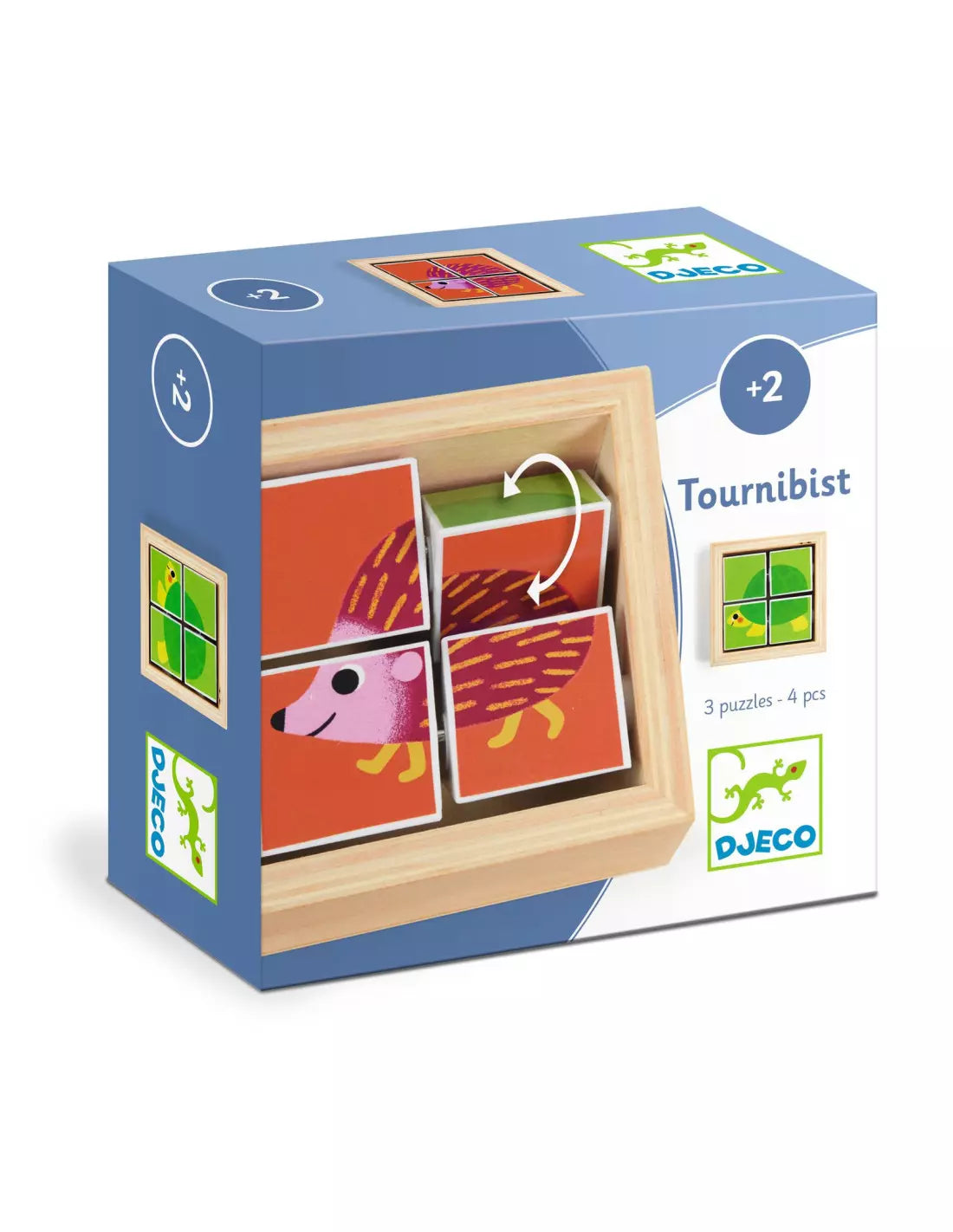 Djeco Tournibist puzzle de madeira com blocos giratórios que formam um ouriço, embalagem azul indicando idade +2.