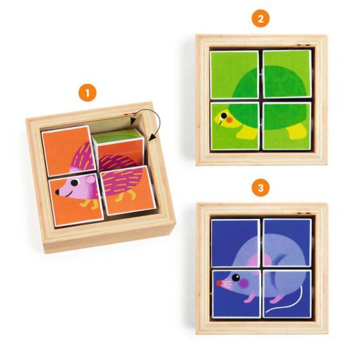 Puzzle Djeco Tournibist mostrando as três opções de animais: ouriço, tartaruga e rato, formados pelos blocos giratórios.