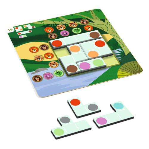Detalhe do tabuleiro do jogo Djeco WILDANIMO Solologic com peças colocadas e animais visíveis.