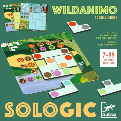 Djeco Jogo de Lógica e Paciência WILDANIMO Solologic com tabuleiro, peças e cartas de desafio.