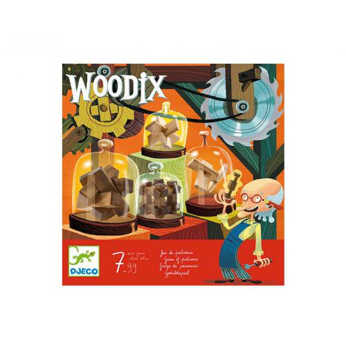 Caixa do jogo de lógica Djeco Woodix com puzzles de madeira e personagem ilustrada.