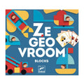 Imagem promocional do jogo de construção Djeco Ze Geo Vroum, mostrando diversos veículos coloridos feitos com as peças geométricas.