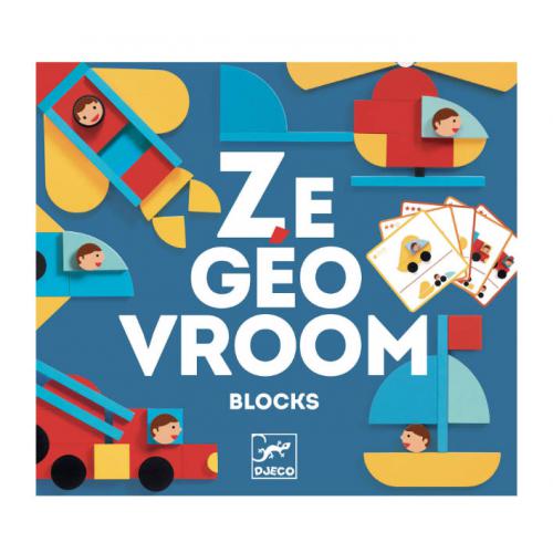Imagem promocional do jogo de construção Djeco Ze Geo Vroum, mostrando diversos veículos coloridos feitos com as peças geométricas.
