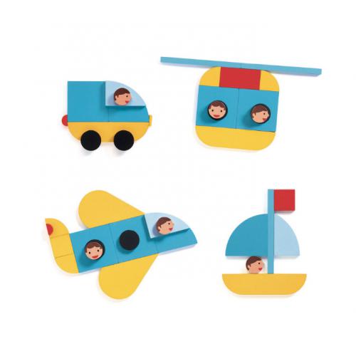 Imagens de diversos veículos (carro, helicóptero, avião, barco) construídos com as peças geométricas do jogo Djeco Ze Geo Vroum.