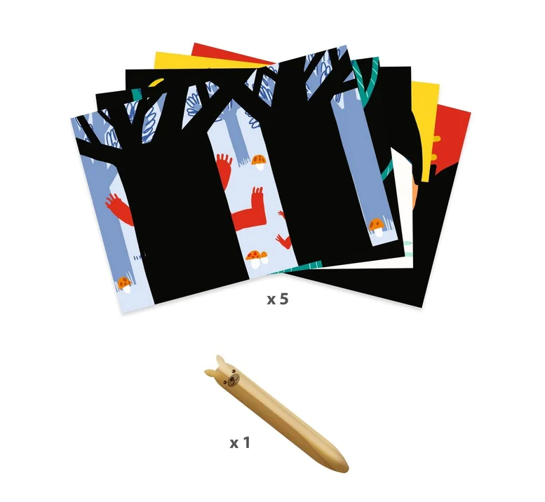 Conteúdo do kit Djeco Actividades Raspar, com 5 cartões de raspar e 1 estilete de madeira.