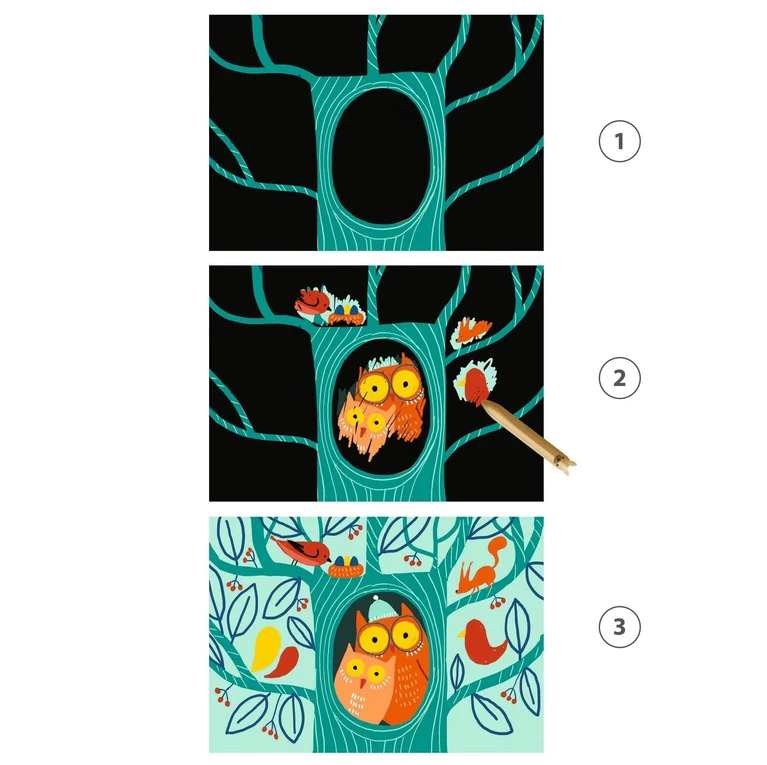 Guia passo a passo visual de como usar o kit Djeco Actividades Raspar para revelar animais coloridos.