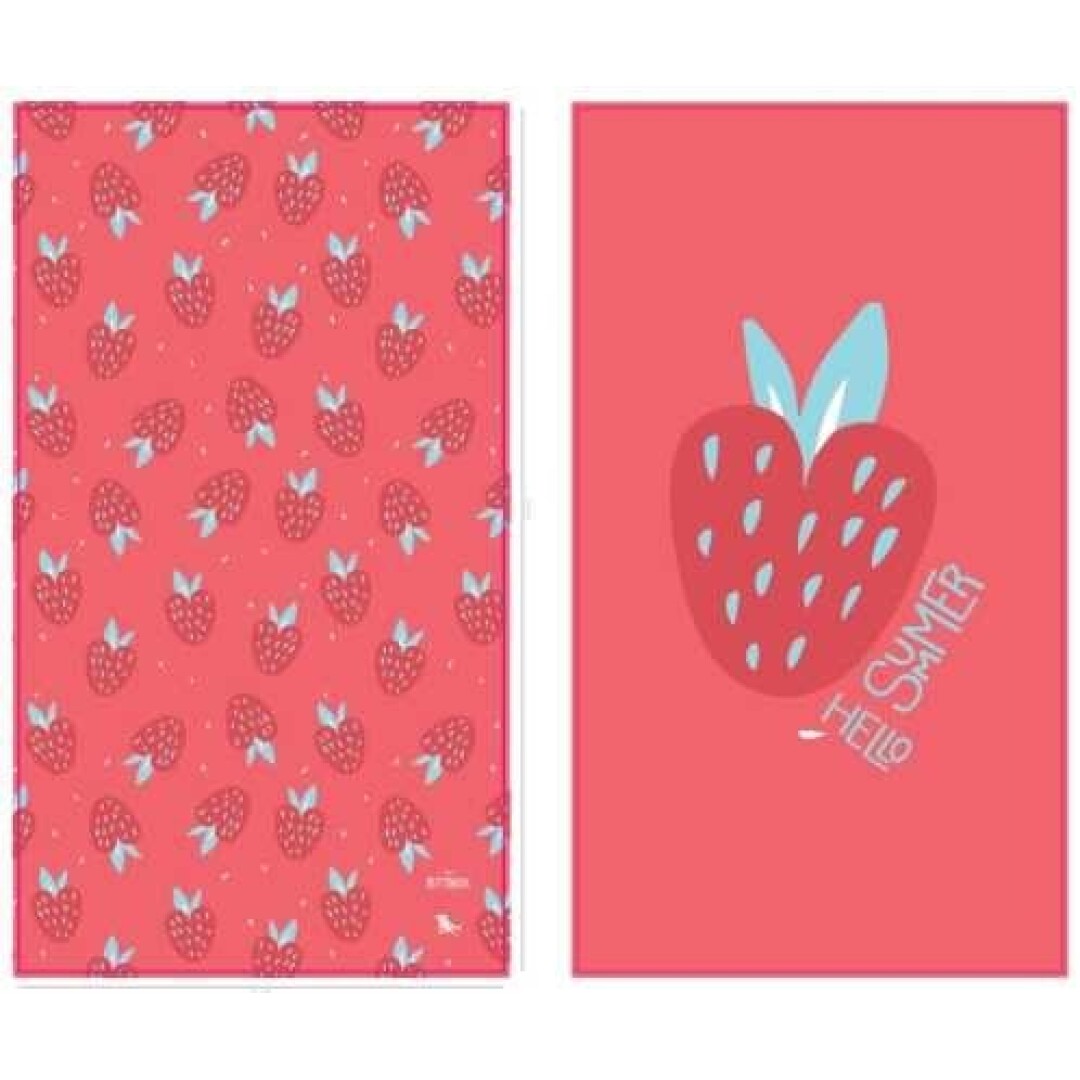 Amostra de duas faces da toalha de praia Dock and Bay com padrão de morangos vermelhos e o texto "Hello Summer" num fundo rosa vibrante.