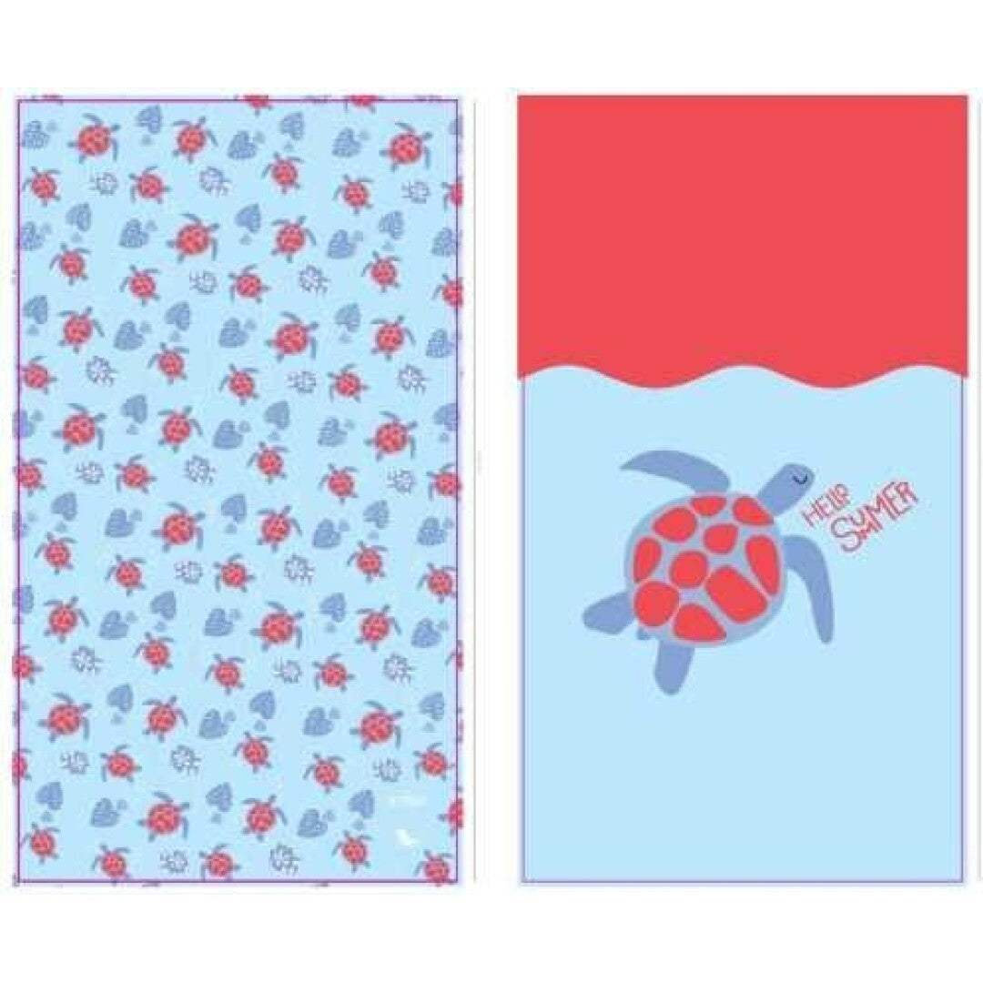 Duas faces da toalha de praia Dock and Bay: uma com padrão de tartarugas marinhas em fundo azul e outra com uma tartaruga grande e o texto "Hello Summer".