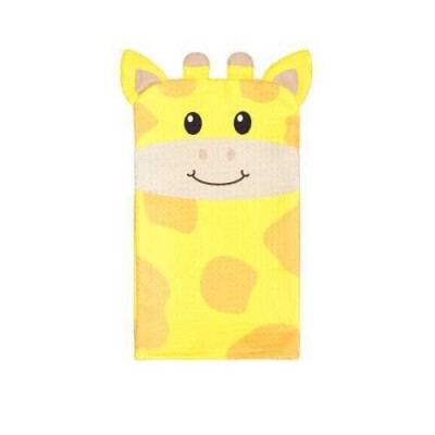 Luva de banho para bebé Dock & Bay em forma de girafa amarela com manchas castanhas, para tornar o banho divertido.