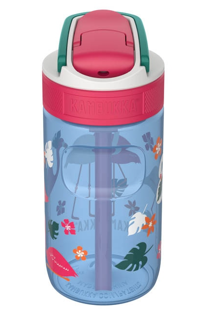 Garrafa Kambukka LAGOON Blue Flamingo 400ml vista de cima para baixo, mostrando a tampa e o design geral.