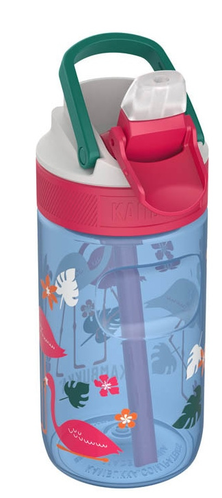 Garrafa Kambukka LAGOON Blue Flamingo 400ml com a pega da tampa levantada, pronta para transporte.