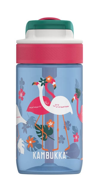Garrafa Kambukka LAGOON Blue Flamingo 400ml vista frontal, destacando o design com dois flamingos e a marca.