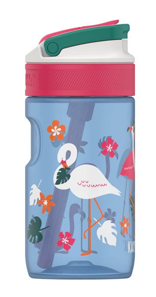 Garrafa Kambukka LAGOON Blue Flamingo 400ml vista de perfil, com o padrão de flamingos e flores.