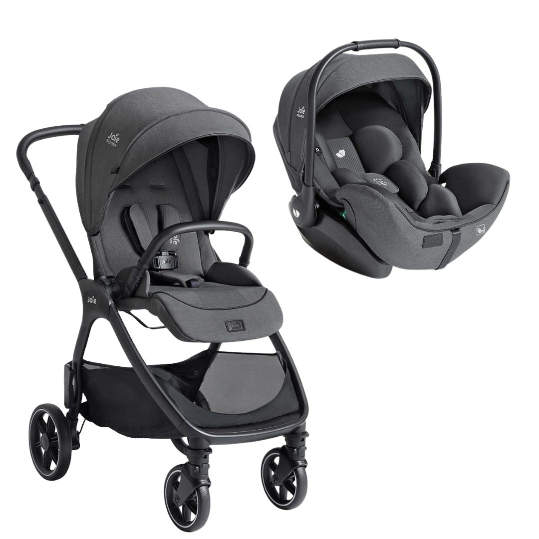 Duo Joie Valora Signature Carrinho de Passeio e Cadeira Auto I-Level Pro na cor cinza escuro mesclado, ambos os artigos em fundo branco.