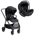 Duo Joie Valora Signature Carrinho de Passeio e Cadeira Auto I-Level Pro na cor preta total, ambos os artigos em fundo branco.