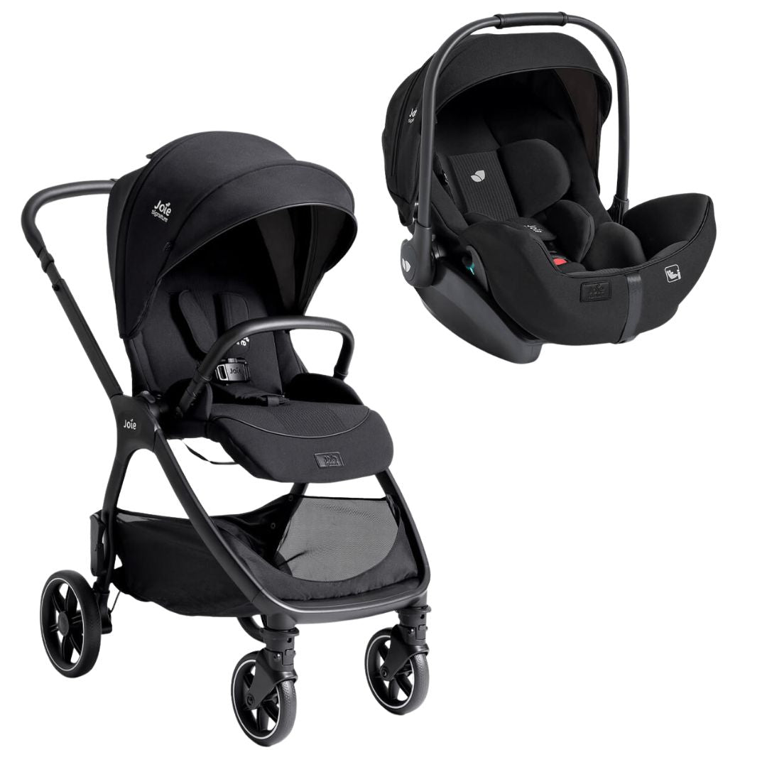 Duo Joie Valora Signature Carrinho de Passeio e Cadeira Auto I-Level Pro na cor preta total, ambos os artigos em fundo branco.