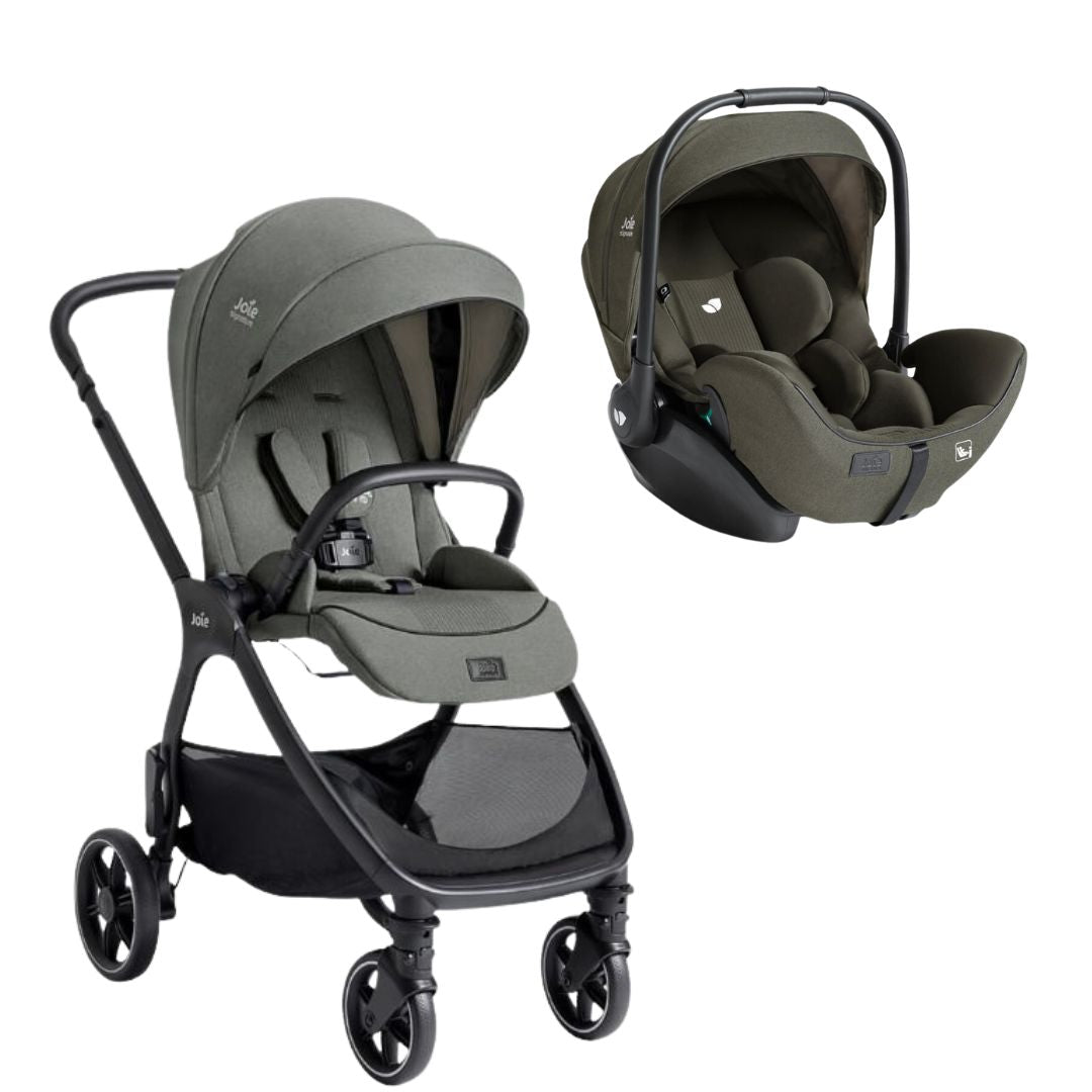 Duo Joie Valora Signature Carrinho de Passeio e Cadeira Auto I-Level Pro na cor verde/cinza musgo, ambos os artigos em fundo branco.