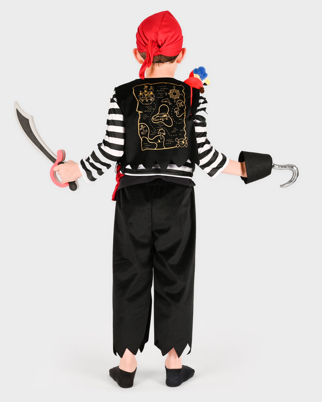 Conjunto de pirata da Den Goda Fen com camisola às riscas, colete, espada e papagaio, disfarce para criança