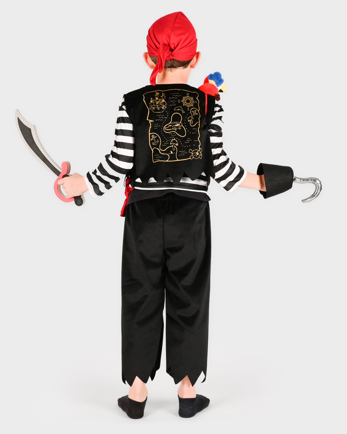 Conjunto de pirata da Den Goda Fen com camisola às riscas, colete, espada e papagaio, disfarce para criança
