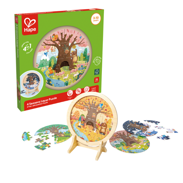 Conjunto Hape 4 Estações 4 Puzzles com caixa, puzzle montado no suporte e peças espalhadas, exibindo as quatro camadas temáticas.