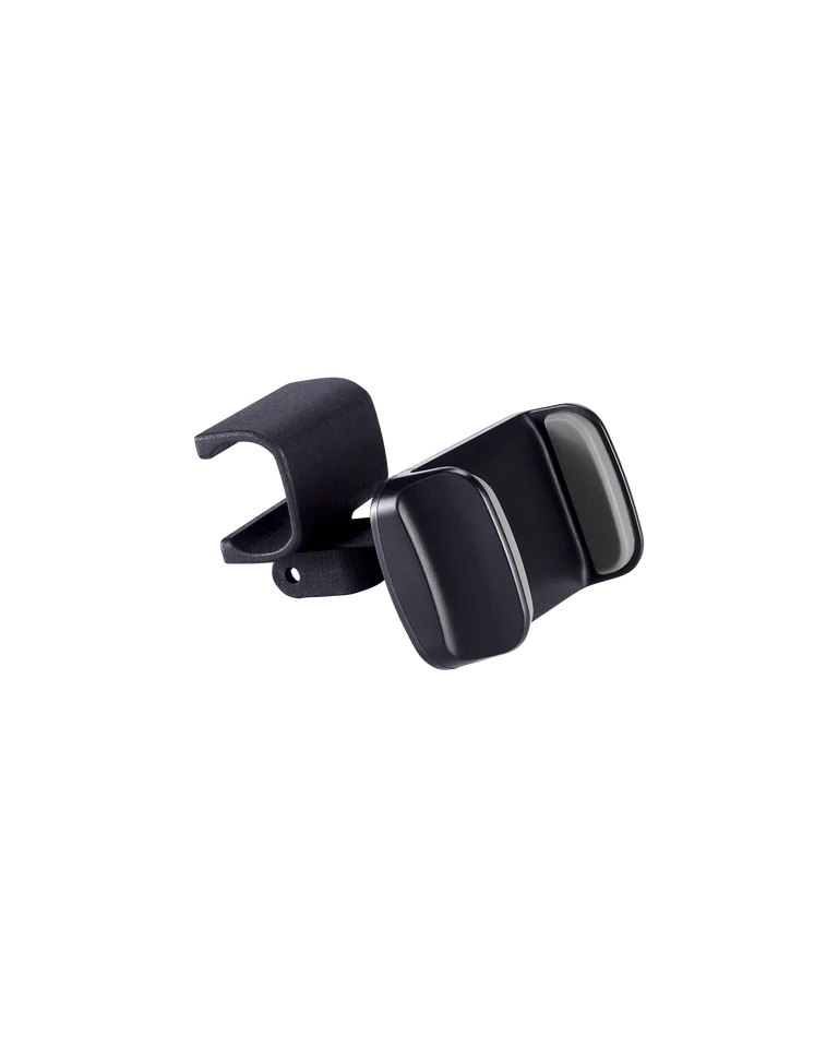 Suporte para telemóvel universal Easywalker, com clipe de fixação e mecanismo ajustável, em fundo preto.