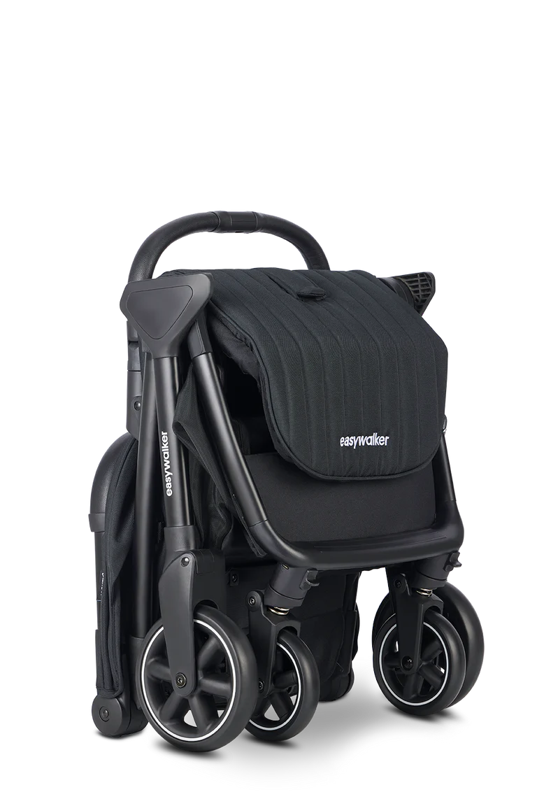 Easywalker Jackey² carrinho de passeio preto, dobrado automaticamente, compacto e fácil de transportar.