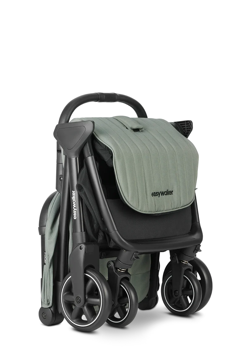 Easywalker Jackey² carrinho de passeio verde-acinzentado, dobrado automaticamente, ultra compacto para transporte fácil.
