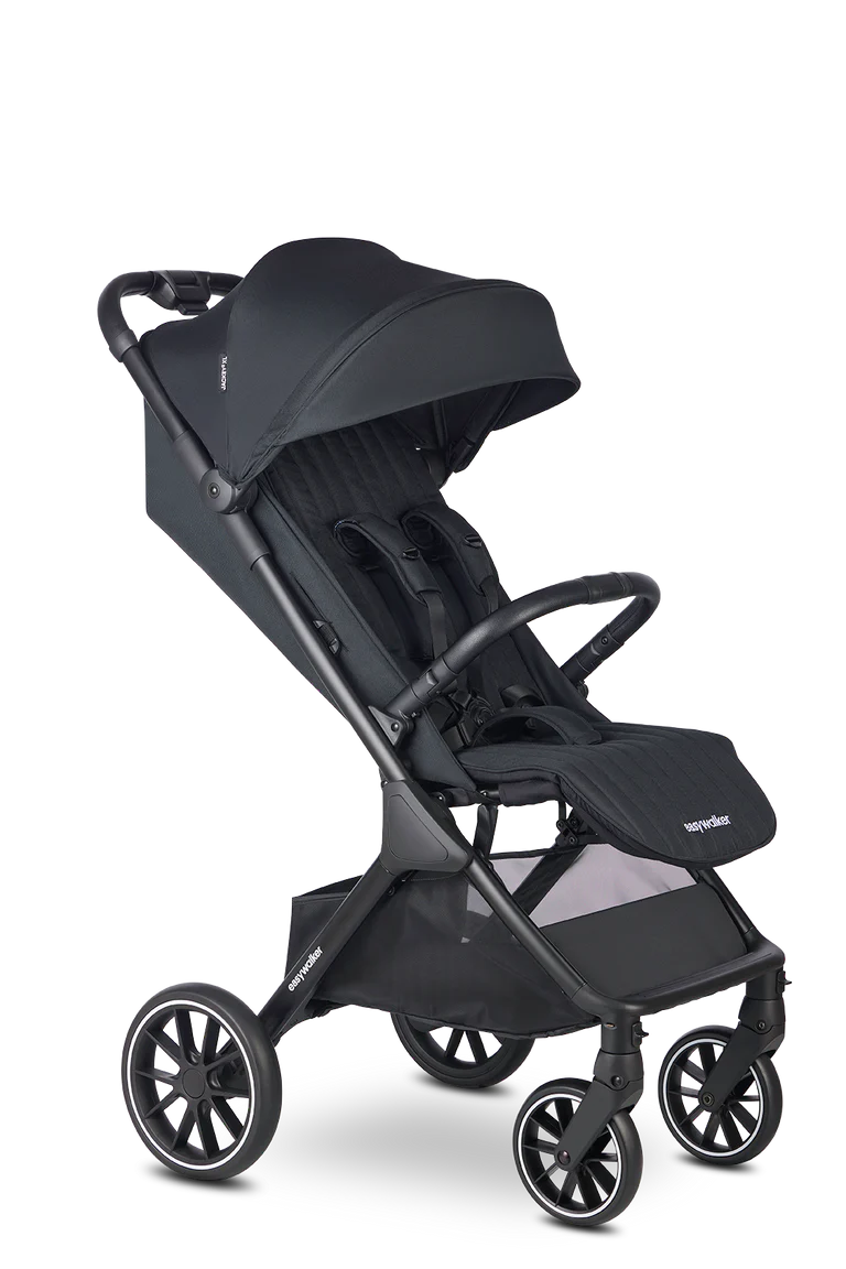Carrinho de passeio Easywalker Jackey² XL preto, aberto, com rodas XL todo-o-terreno e assento confortável.