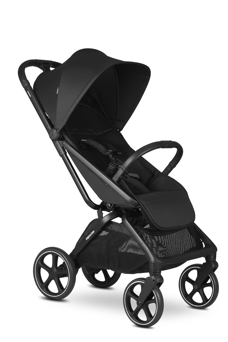 Carrinho de passeio Easywalker Rockey L preto, todo-o-terreno, com assento generoso e guiador ajustável.