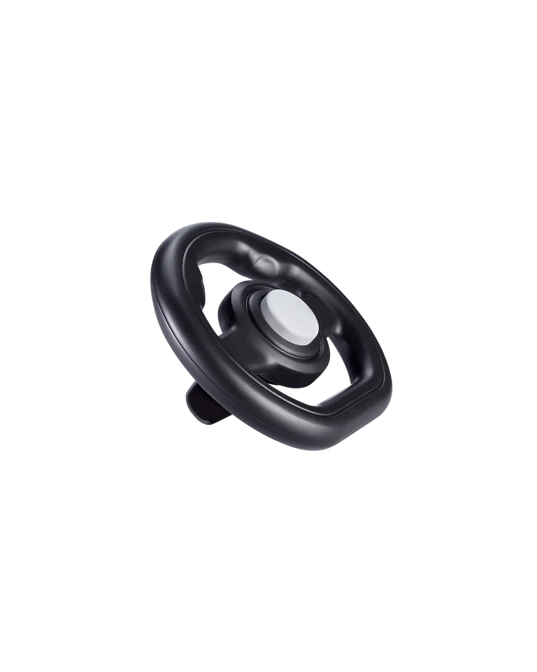 Volante de brincar Easywalker preto com botão central branco, visto em ângulo. Destaca o design ergonómico para crianças.