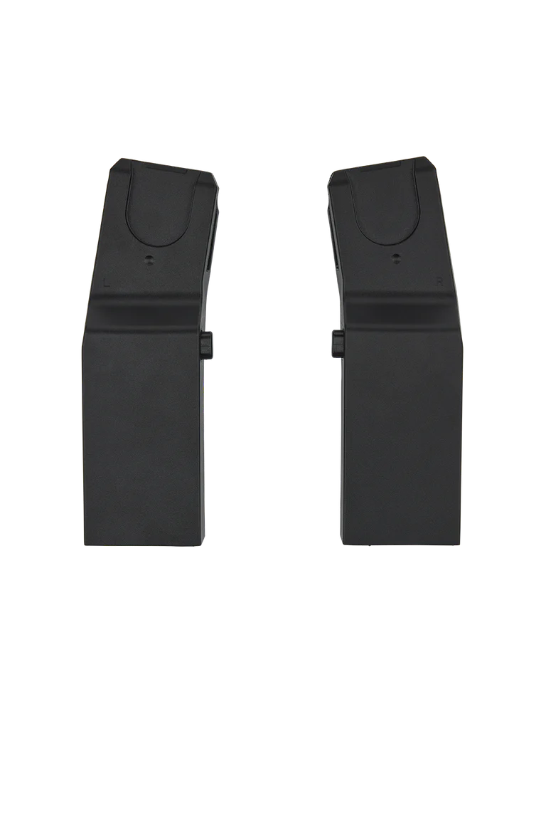 Close-up dos dois adaptadores pretos para o carrinho Zoey, com marcações 'L' (Esquerdo) e 'R' (Direito) visíveis.