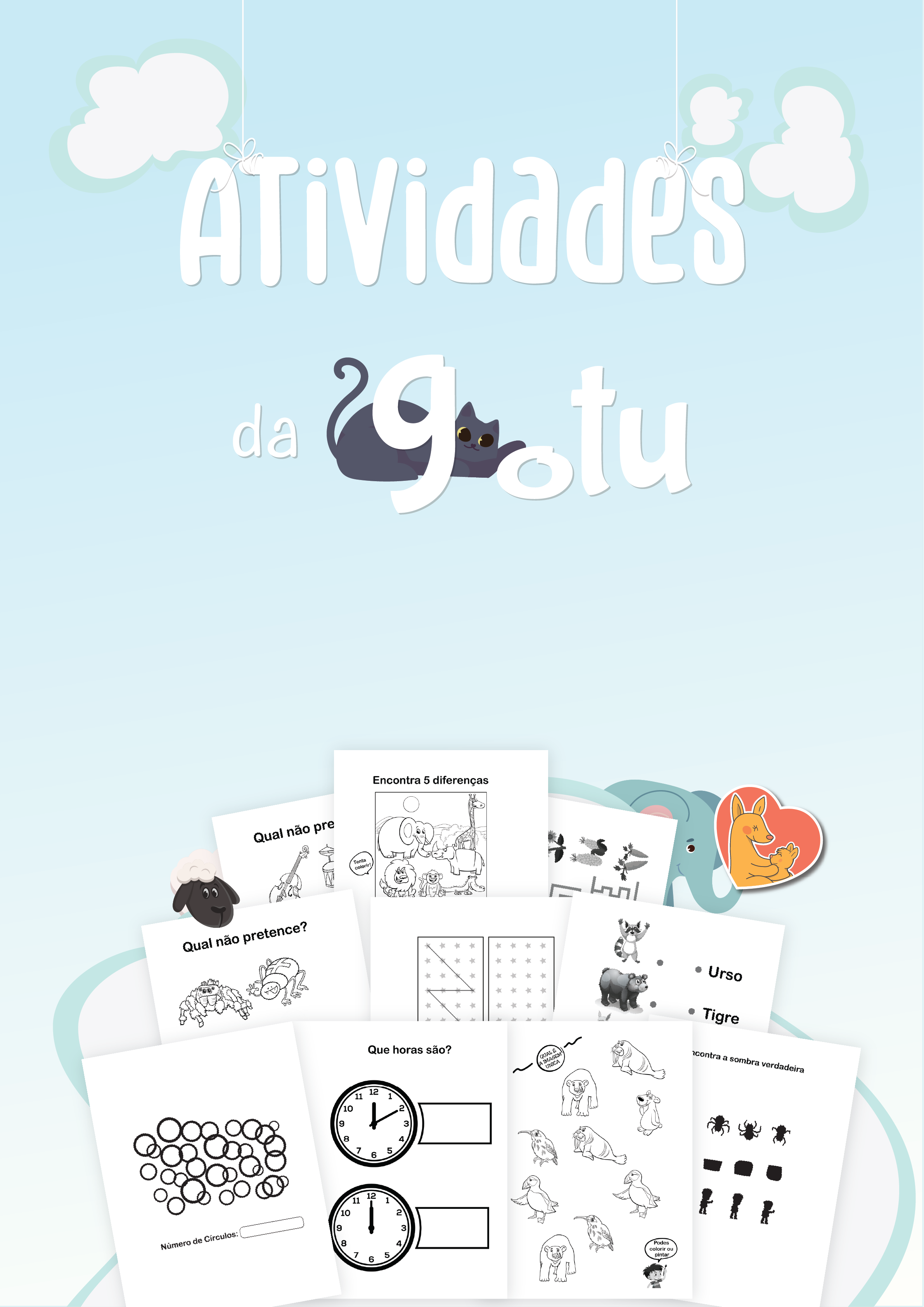 Imagem promocional mostrando os 5 Ebooks da coleção Gotu lado a lado: Atividades, Didático e Arte, Números e Lógica, Escrita e Letras.