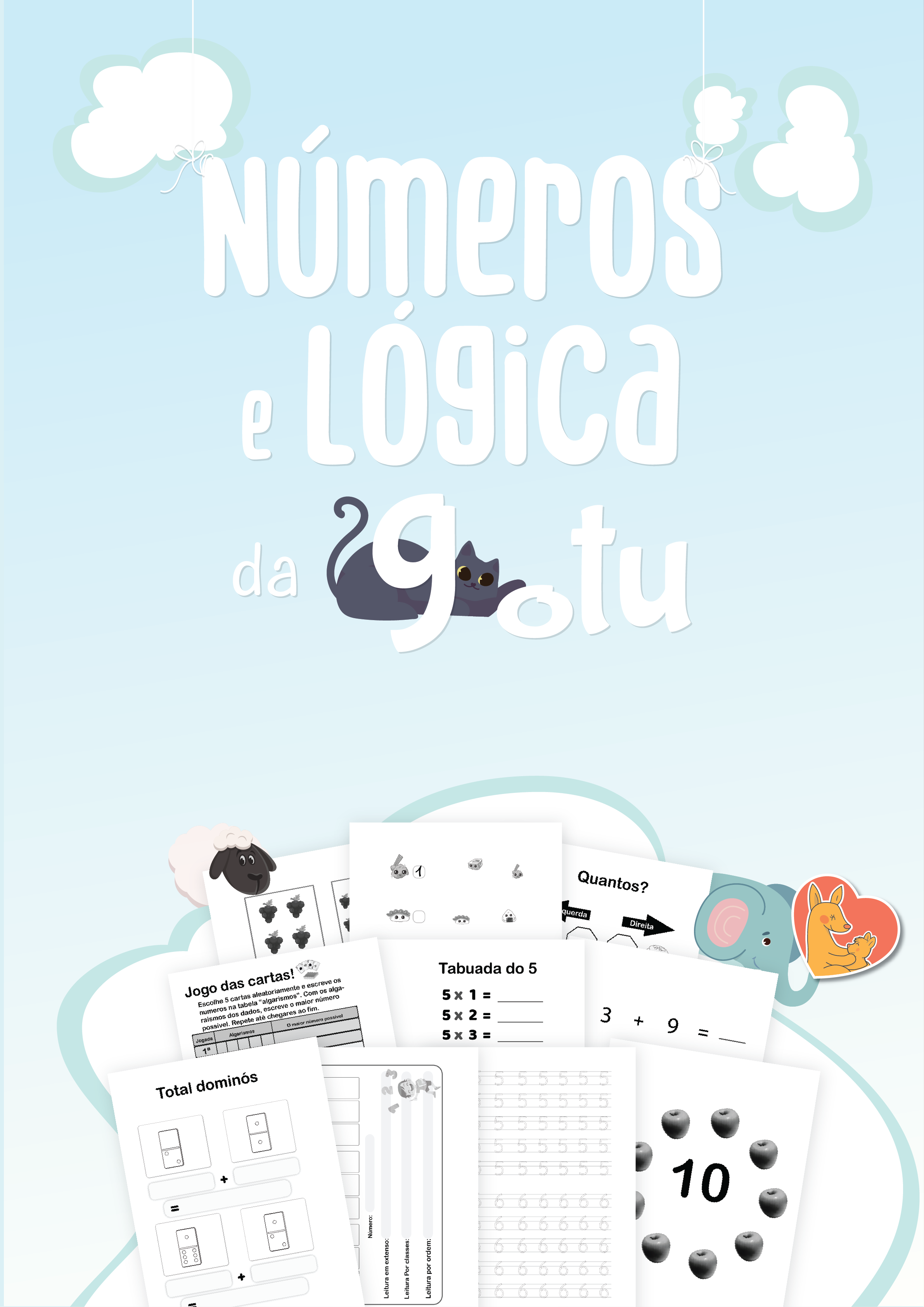 Exemplo de página interior do Ebook "Número e Lógica" com atividade de contagem de animais e preenchimento de círculos.