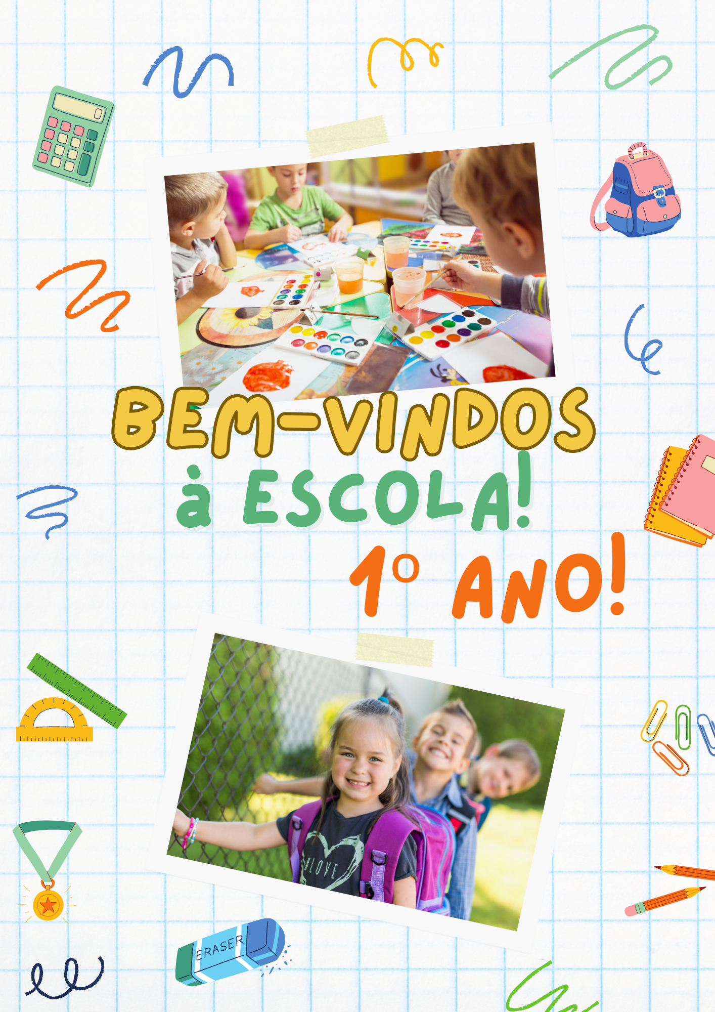 Capa do Ebook "Bem-vindos à Escola! 1º Ano!" com crianças a pintar e material escolar ilustrado num fundo quadriculado.