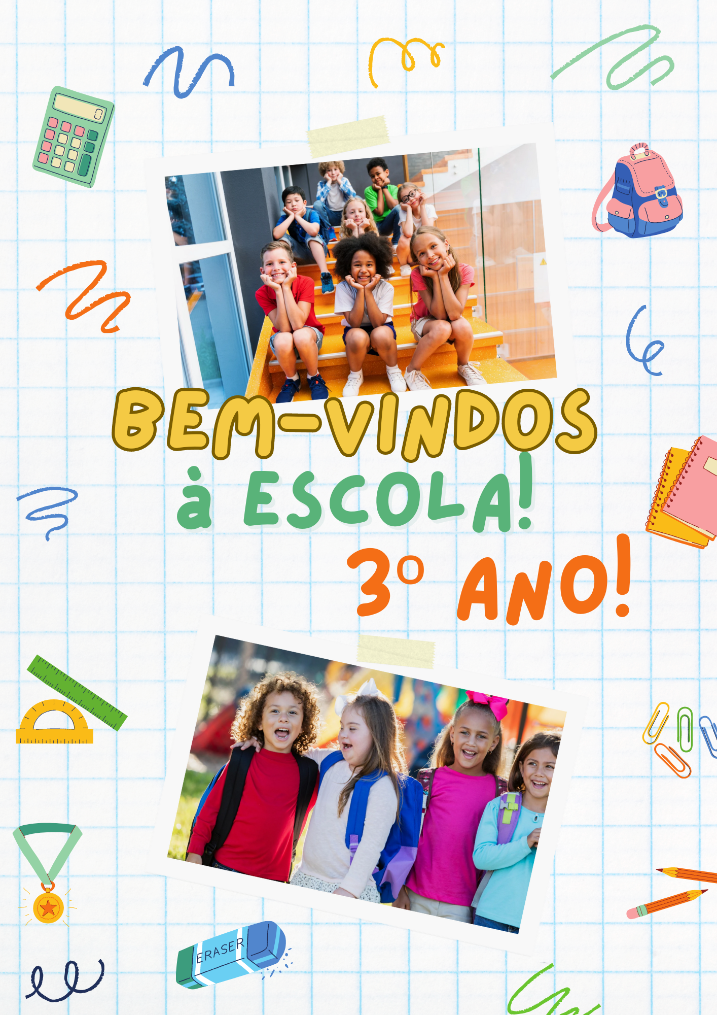 Capa do Ebook "Bem-vindos à Escola! 3º Ano!" com crianças sorridentes em escadas e grupo de amigas, sobre fundo quadriculado com material escolar.