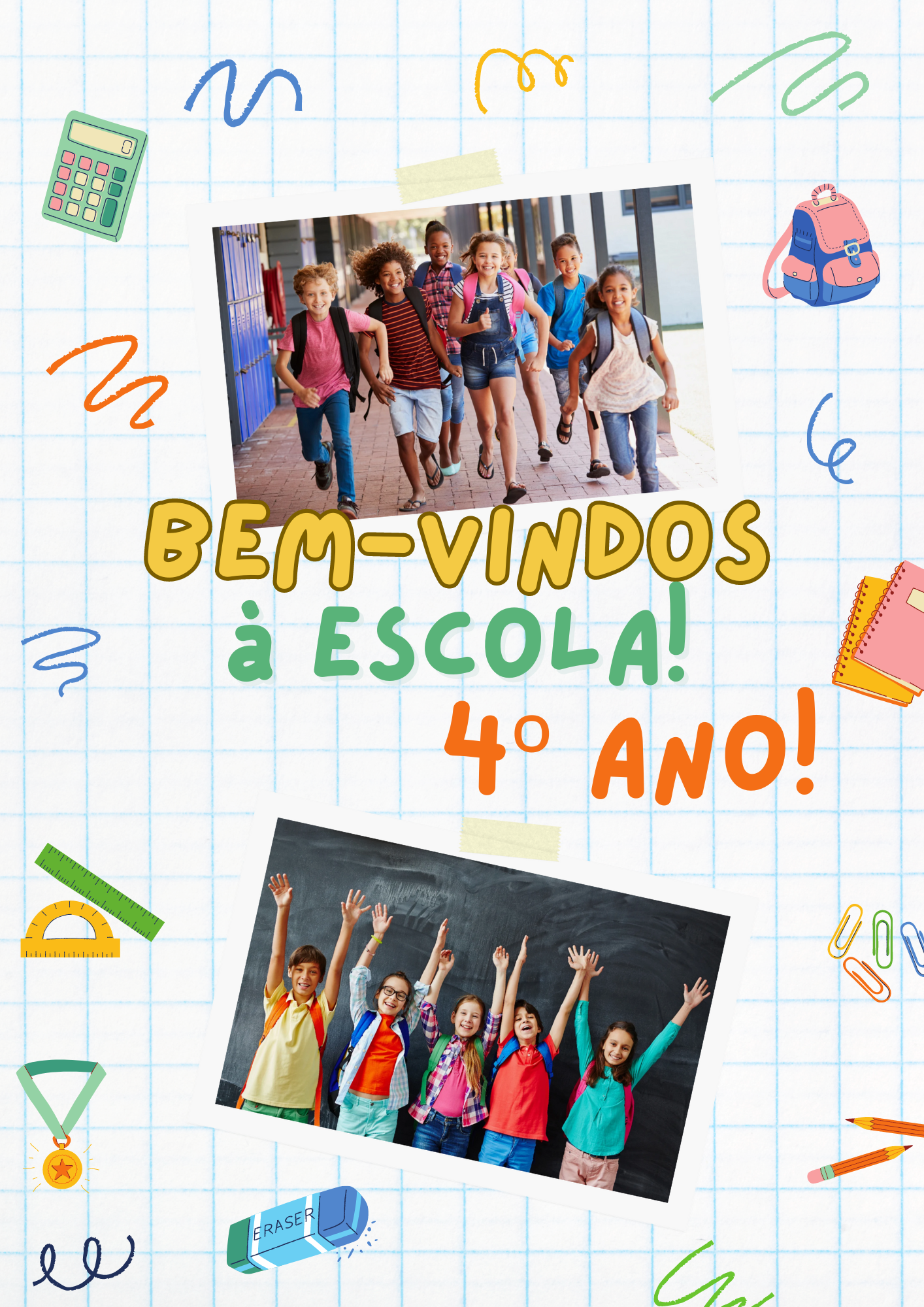 Capa do Ebook "Bem-vindos à Escola! 4º Ano!" com grupo de alunos a correr e outro grupo a celebrar, sobre fundo quadriculado com material escolar.