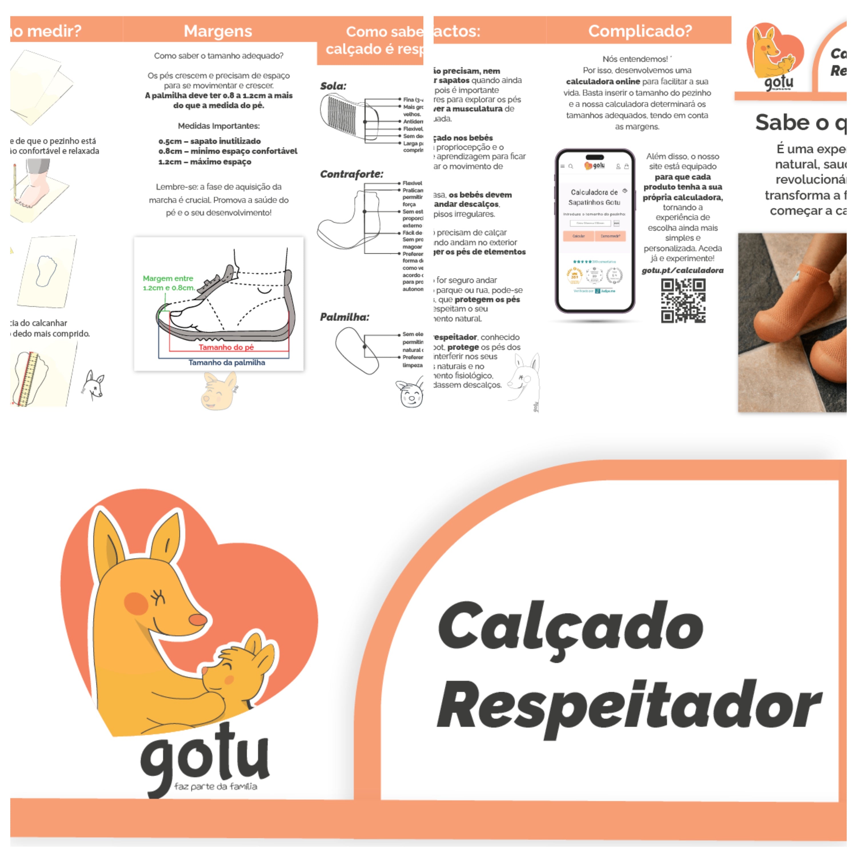 Imagem de capa do Ebook "Calçado Respeitador" da Gotu, com ícones de pés, sola flexível e criança a andar.