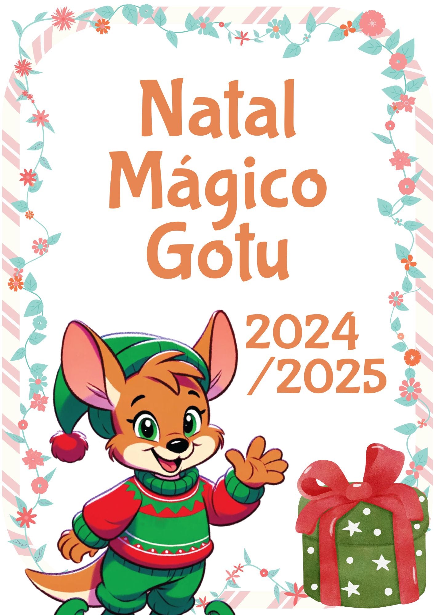 Capa do Ebook "Natal Mágico Gotu 2024/2025" com mascote canguru festivo e um presente verde de Natal.