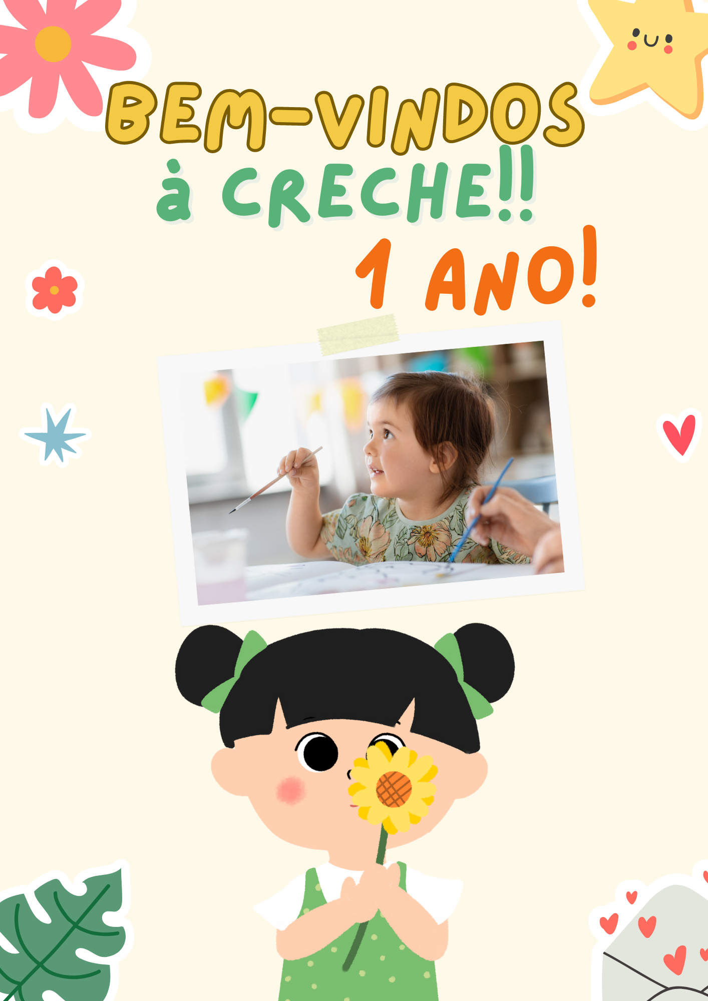 Capa do Ebook "Bem-vindos à creche!! 1 Ano!" com ilustração infantil, foto de criança a pintar e texto em destaque.