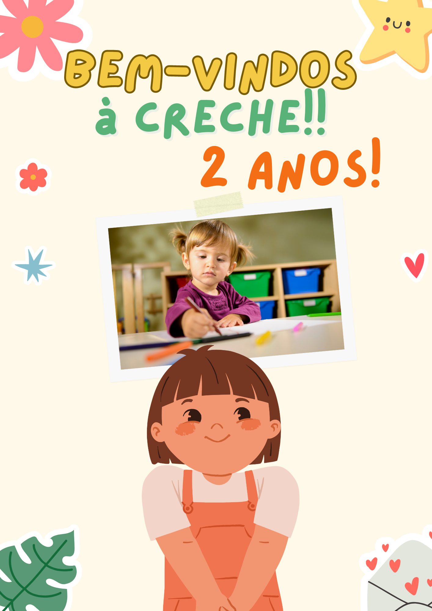 Capa do Ebook "Bem-vindos à creche!! 2 Anos!" com ilustração infantil, foto de criança a desenhar e texto em destaque.