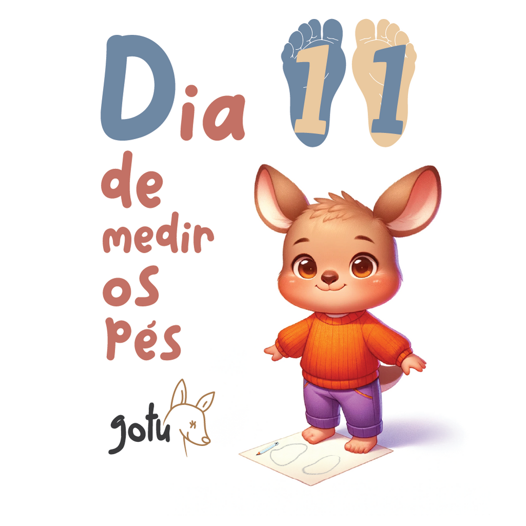 Ilustração fofa de um animal de orelhas grandes a medir os pés no dia 11, promovendo o Ebook "Dia de medir os pés" da Gotu.