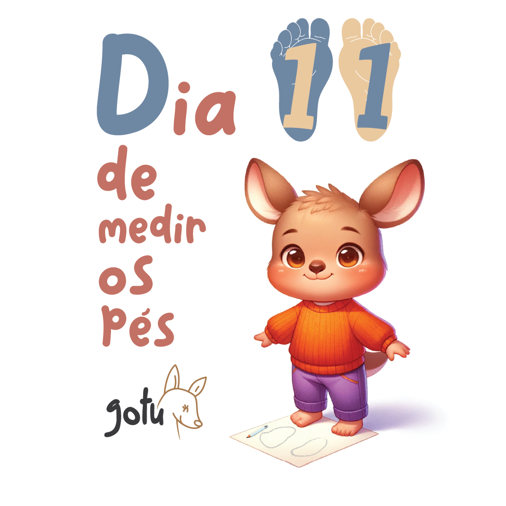 Ilustração fofa de um animal de orelhas grandes a medir os pés no dia 11, promovendo o Ebook "Dia de medir os pés" da Gotu.
