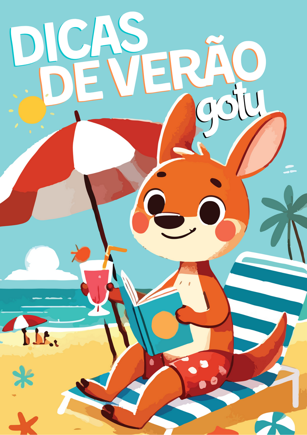 Capa do eBook "Dicas de Verão Gotu" com um canguru sorridente a ler debaixo de um chapéu de sol na praia, bebendo um cocktail.