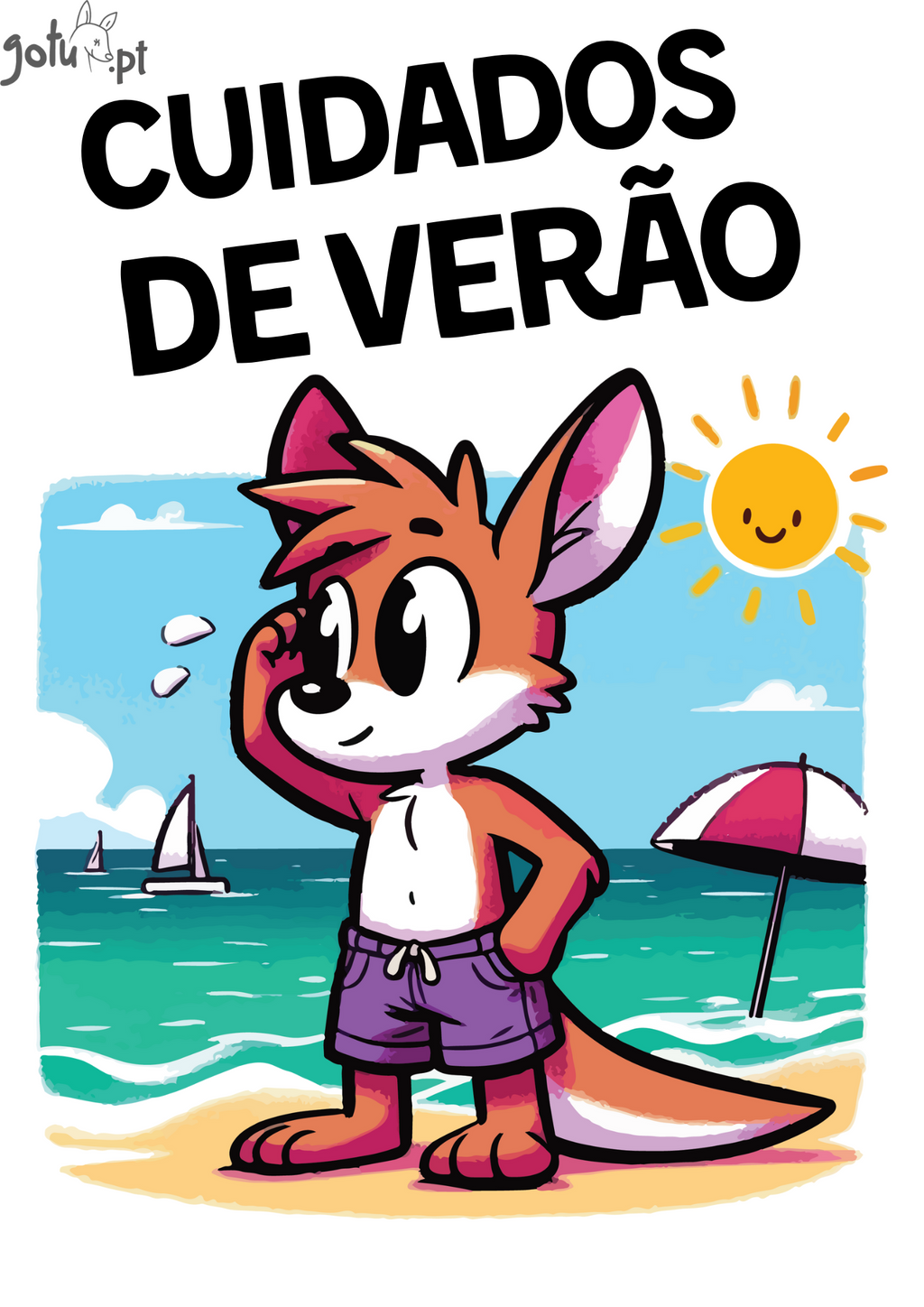 Canguru de pé na praia, a proteger os olhos do sol, simbolizando a secção de "Cuidados de Verão" do eBook Gotu.
