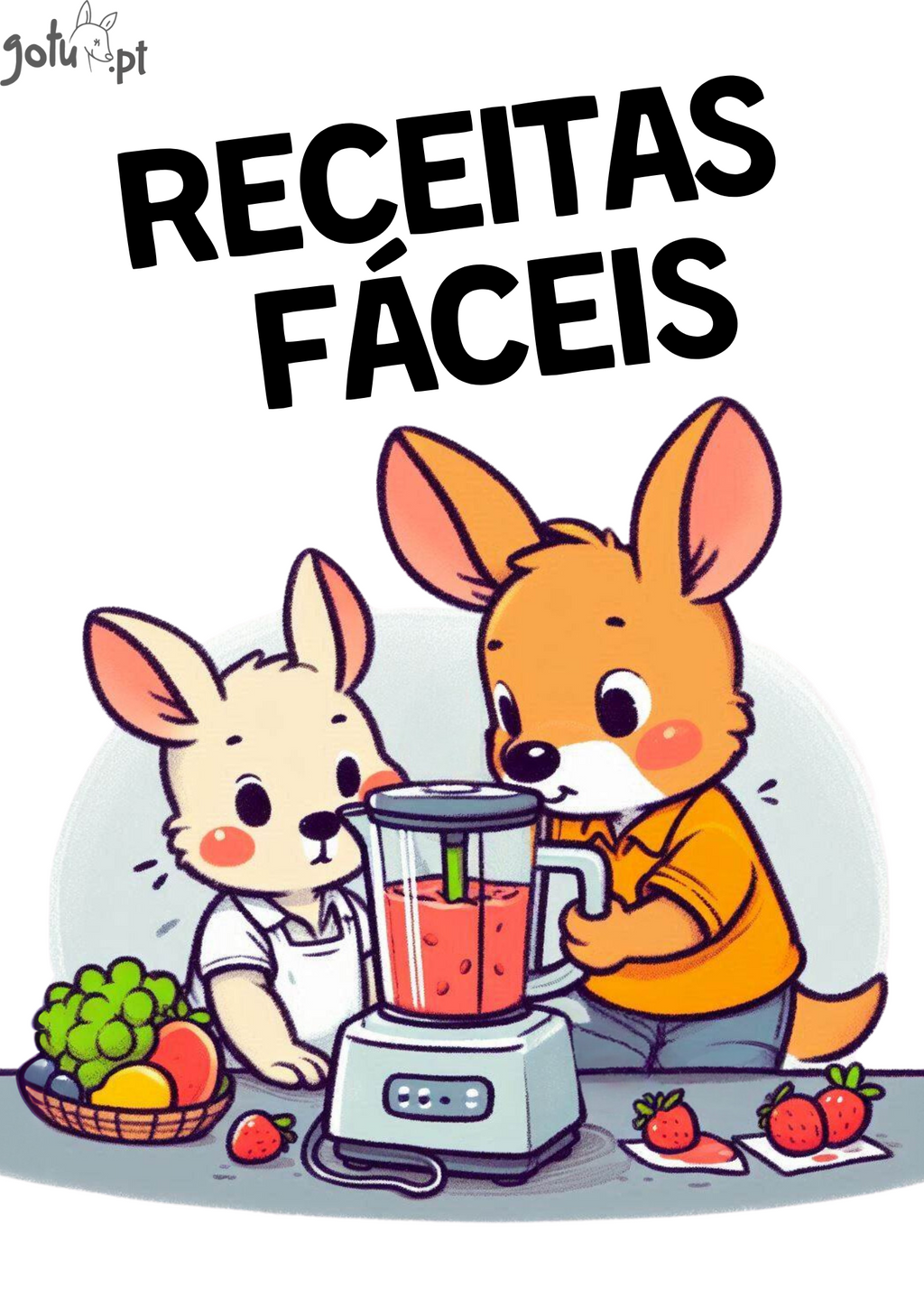 Dois cangurus a preparar um batido num liquidificador, ilustrando a secção de "Receitas Fáceis" do eBook Gotu.