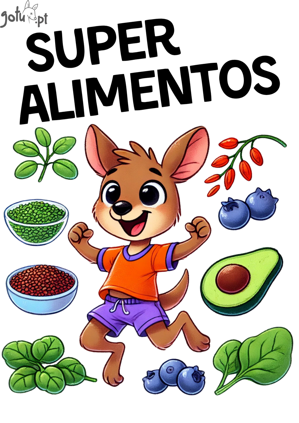 Canguru animado rodeado por "Super Alimentos" como mirtilos, abacate e espinafres, representando a alimentação saudável do guia.