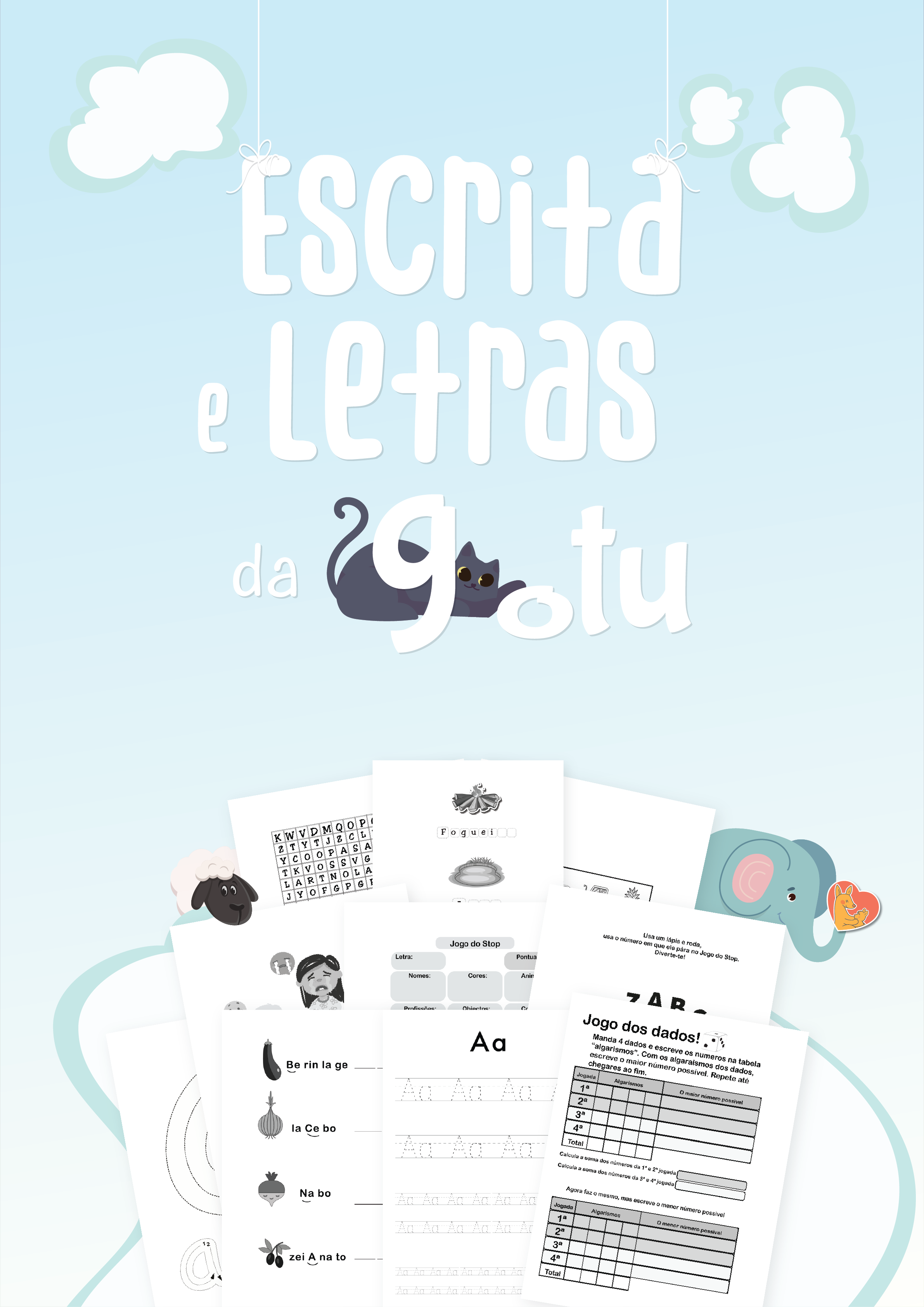 Exemplo de página interior do Ebook "Escrita e Letras" com exercícios de traçado de letras e pequenos jogos lúdicos para crianças.