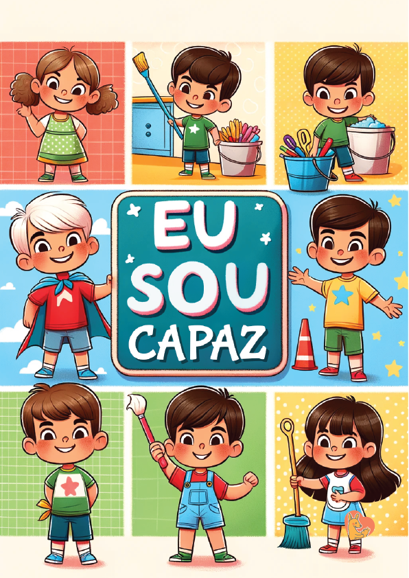 Ilustrações coloridas de crianças realizando diversas tarefas domésticas, como varrer, pintar e arrumar brinquedos, com o título "Eu Sou Capaz" em destaque.